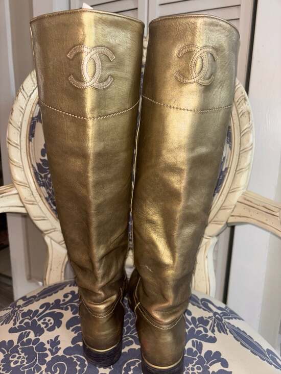 Chanel Shoes - Chanel Metallic Gold Leather CC Tall Boots
